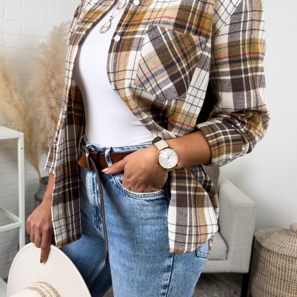 Oversized Long Sleeve Fall Flannel | Tan - Picture 3 of 7